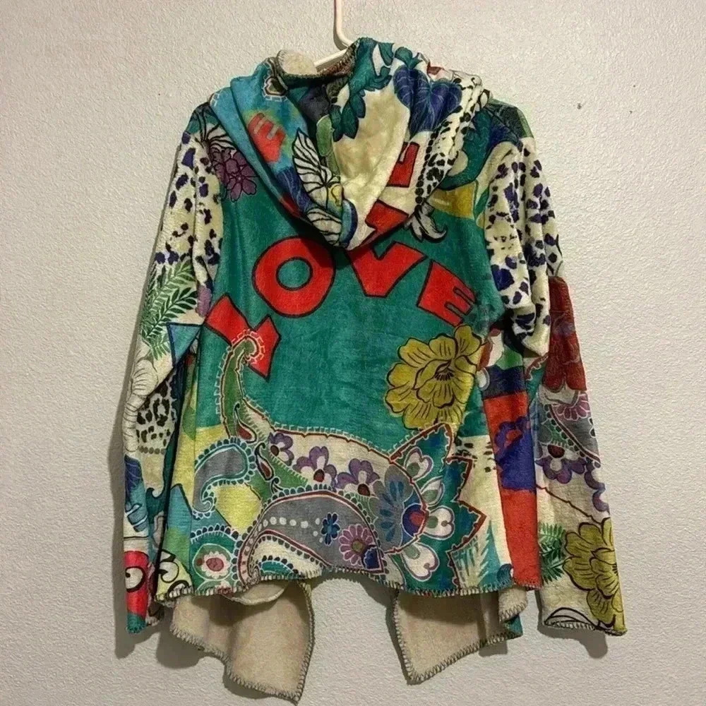 Johnny Was Peace Love Long Sleeve Sherpa Pullover Hoodie Colorful Boho Fuzzy - Picture 6 of 6